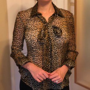 DOLCE & GABBANA leopard print sheer button up top with bow